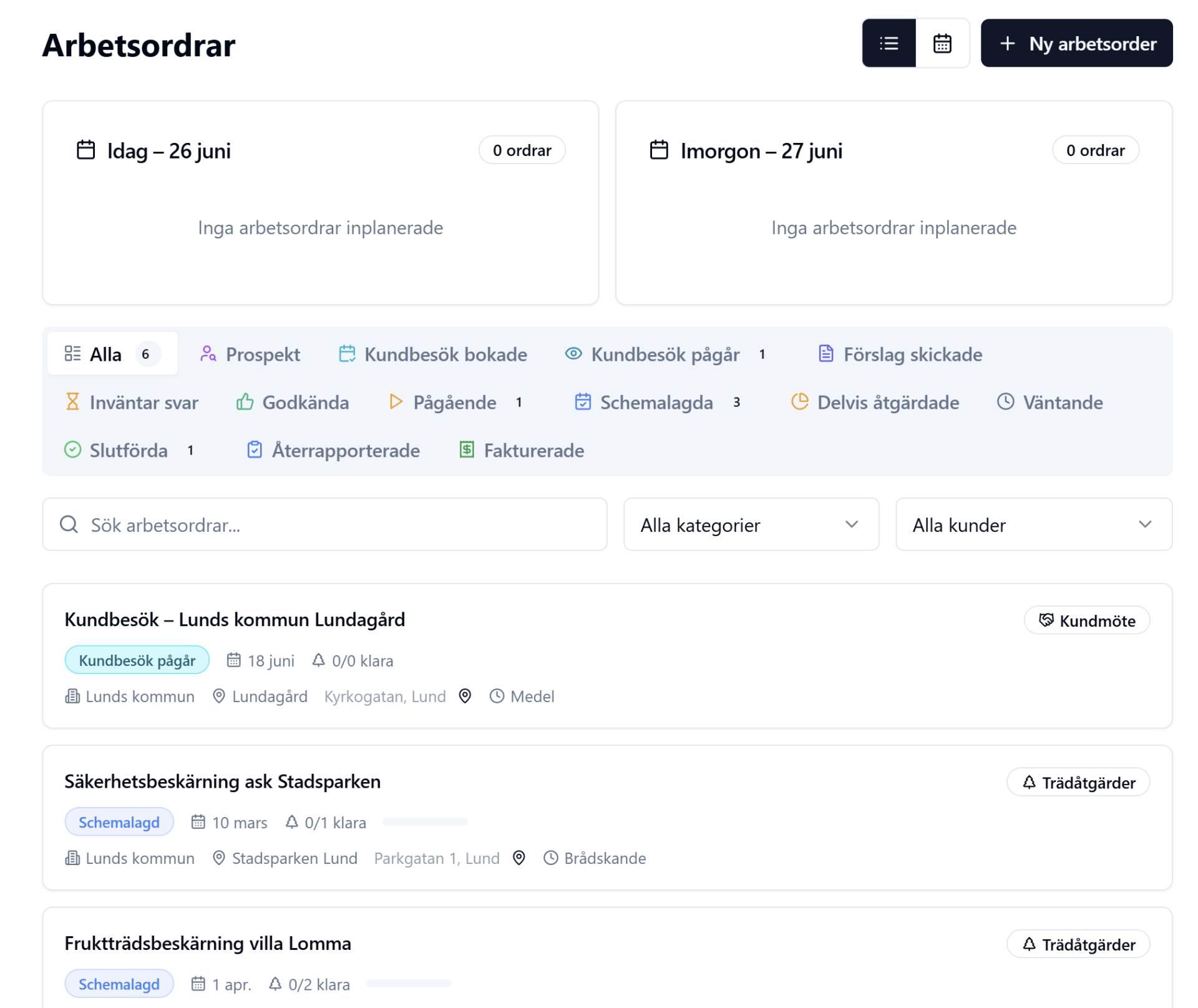 Arborder – översikt över arbetsordrar med statusflikar och dagsplanering
