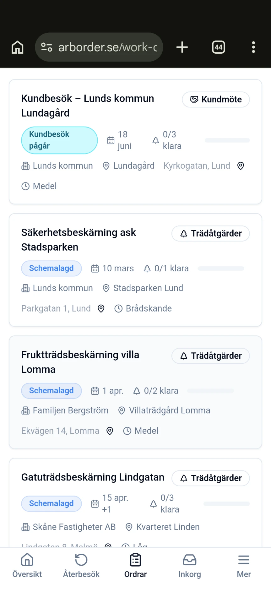 Skärmbild från Arborder som visar en lista med arbetsordrar: kundbesök, säkerhetsbeskärning av ask, fruktträdsbeskärning och gatuträdsbeskärning, med status, datum och plats.