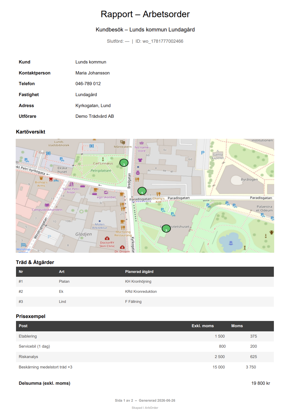 Arborder – genererad arbetsorder-rapport med kartöversikt och prisuppgifter