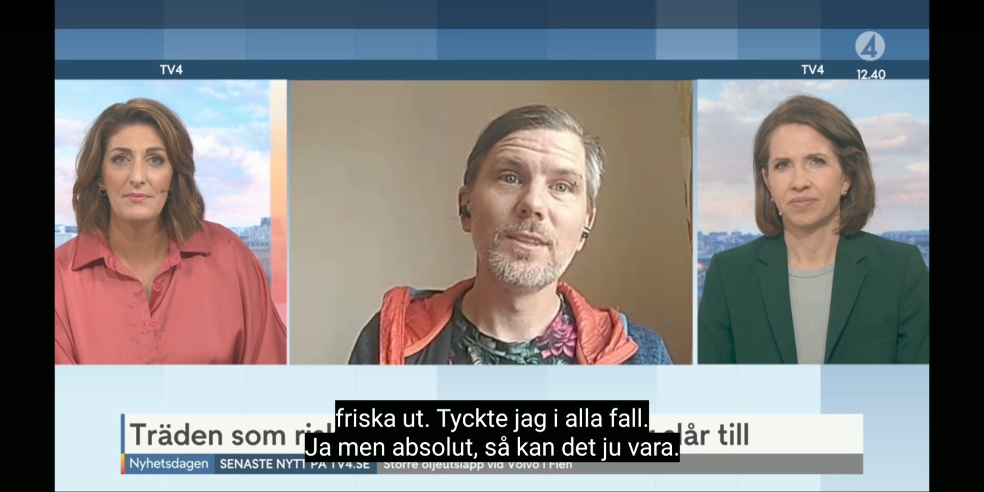 Mats från Söderarboristen intervjuas i TV4-studion om träd och stormskador